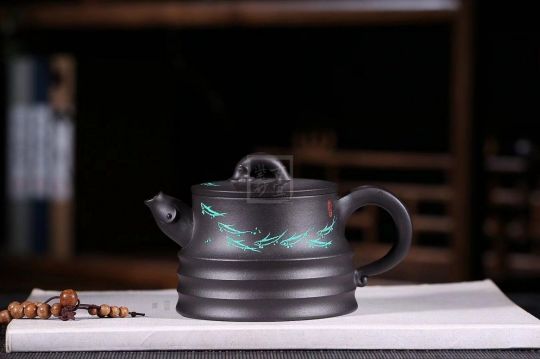 《魚樂》茶具茶壺宜興手工紫砂壺烏金泥